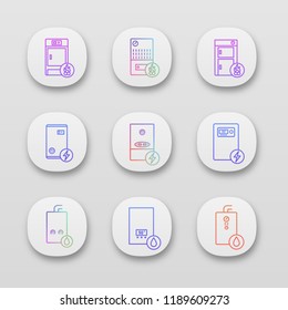 Heating app icons set. Gas, electric, solid fuel, boilers and water heater. Commercial, industrial and domestic central heating systems. UI/UX user interface. Vector isolated illustrations