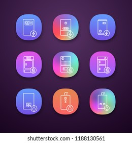 Heating app icons set. UI/UX user interface. Gas, electric, solid fuel, boilers and water heater. Commercial, industrial and domestic central heating systems. Vector isolated illustrations