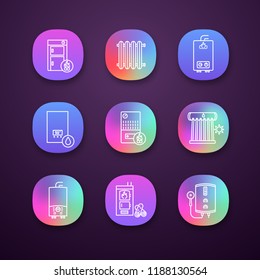 Heating app icons set. UI/UX interface. Boilers, radiators, water heaters. Gas, electric, solid fuel, pellet, boilers. Commercial, industrial and domestic central heating systems. Vector illustrations