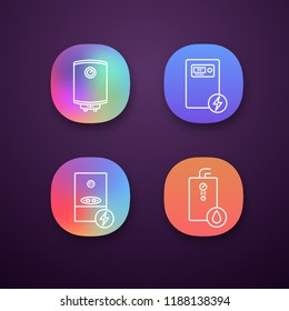 Heating App Icons Set. UI/UX User Interface. Central Heating System. Electric And Gas Water Heater And Heating Boilers. Web Or Mobile Applications. Vector Isolated Illustrations