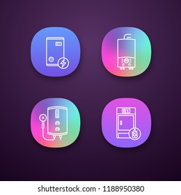 Heating app icons set. UI/UX user interface. Electric boiler, gas and electric tankless water heater, solid fuel boiler. Web or mobile applications. Vector isolated illustrations