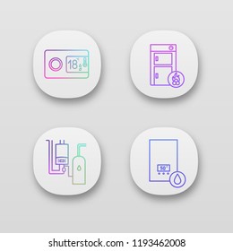 Heating app icons set. UI/UX user interface. Digital thermostat, solid fuel boiler, boiler room, electric water heater. Web or mobile applications. Vector isolated illustrations