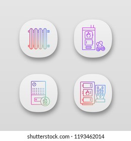 Heating app icons set. UI/UX user interface. Radiator, firewood and pellet boiler, solid fuel heater. Web or mobile applications. Vector isolated illustrations
