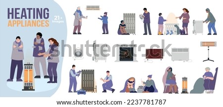 Heating appliances flat set of isolated compositions with radiator icons heater apparatus and freezing human characters vector illustration