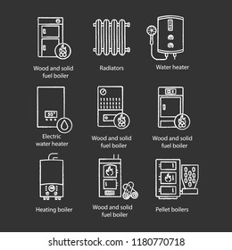 Heating chalk icons set. Boilers, radiators, water heaters. Gas, electric, pellet, boilers. Commercial, industrial, domestic central heating systems. Isolated vector chalkboard illustrations