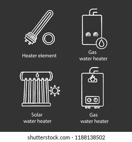 Heating chalk icons set. Electric and gas water heaters, heating boiler, industrial water heater. Isolated vector chalkboard illustrations