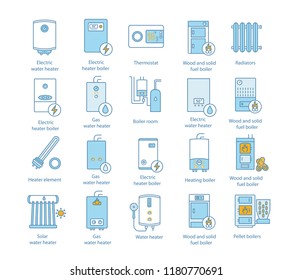 Heating color icons set. Boilers, radiators, thermostat. Gas, electric, solid fuel, pellet, solar boilers. Commercial, industrial and domestic central heating systems. Isolated vector illustrations