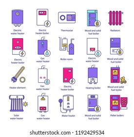 Heating color icons set. Boilers, radiators, thermostat. Gas, electric, solid fuel, pellet, solar boilers. Commercial, industrial and domestic central heating systems. Isolated vector illustrations