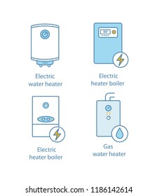 Heating color icons set. Central heating system. Electric and gas water heater and heating boilers. Isolated vector illustrations