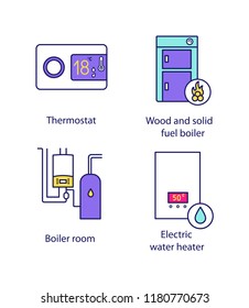 Heating color icons set. Digital thermostat, solid fuel boiler, boiler room, electric water heater. Isolated vector illustrations