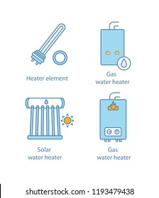 Heating color icons set. Electric and gas water heaters, heating boiler, industrial water heater. Isolated vector illustrations