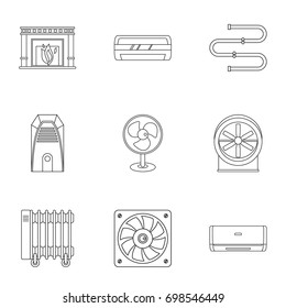 Heating cooling air icon set. Outline style set of 9 heating cooling air vector icons for web isolated on white background