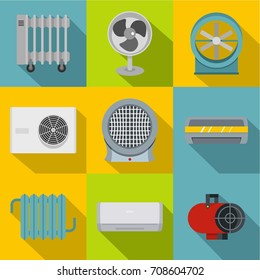 Heating cooling air icon set. Flat style set of 9 heating cooling air vector icons for web design