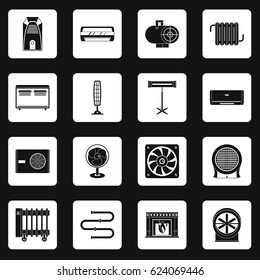 Heating cooling air icons set in white squares on black background simple style vector illustration
