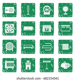Heating cooling air icons set in grunge style green isolated vector illustration