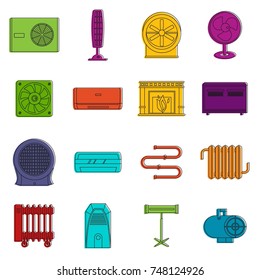 Heating cooling air icons set. Doodle illustration of vector icons isolated on white background for any web design