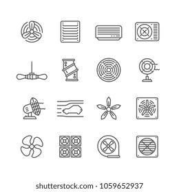 Heating and cooling airflow pictograms. Ventilation, airing filter, fan, blower, aerodynamics, turbine air vector icons. Illustration of airflow ventilator, fan ventilation, cooler equipment