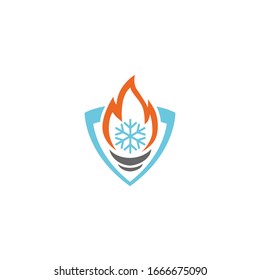 Heating And Cooling - Business Service Logo Template Vector Illustration. Torch Fire Flame, Ice And Shield Corporate Elements. Security Signs.