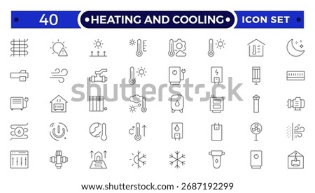 Heating and cooling efficiency Outline icon set featuring thermostat, radiator, heat pump, and ventilation. Perfect for smart home design, climate control, insulation, and sustainable energy.
