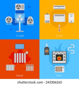 Heating and cooling flat icon set with coldly cool heat hot isolated vector illustration