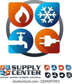 Heating Cooling HVAC Electrical Plumbing Equipment and Service Pin Area Brand Logo Icon Vector Design Concept