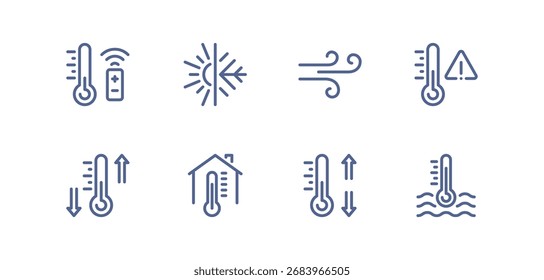 Heating and cooling icon set, temperature control, thermostat, air ventilation, radiator, sun heat, cold snowflake, house climate system, water drop humidity, airflow regulation linear vector.