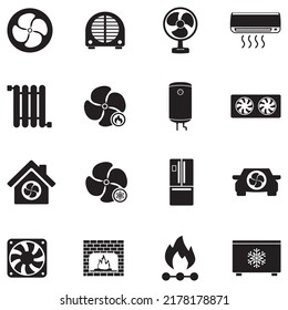 Iconos de calefacción y refrigeración. Diseño plano negro. Ilustración vectorial.