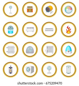 Heating cooling icons circle gold in cartoon style isolate on white background vector illustration