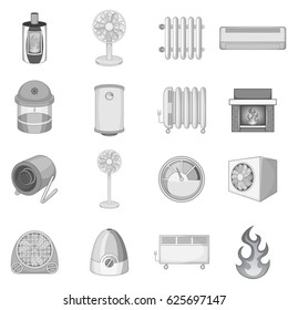 Heating cooling icons set in monochrome style isolated vector illustration