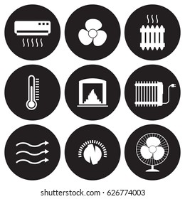 Iconos de calefacción y refrigeración. Blanco sobre fondo negro