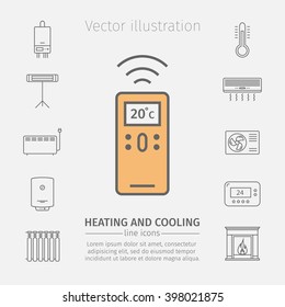 Heating and cooling line icons isolated on white. Ventilation and conditioning vector illustration.