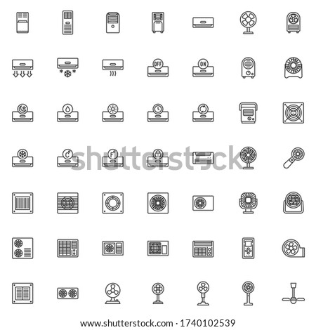 Heating and cooling line icons set. linear style symbols collection, outline signs pack. Air conditioning vector graphics. Set includes icons as exhaust air ventilation, industrial fan, remote control
