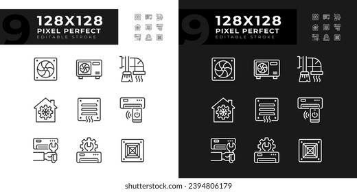 Iconos lineales de calefacción y refrigeración ajustados para el modo oscuro y luminoso. Sistema de ventilación. Aire acondicionado. Control de temperatura. Símbolos delgados para la noche, tema del día. Ilustraciones aisladas. Trazo editable