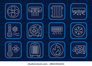 Heating cooling set icon. Fan propeller, air conditioner, radiator, ventilation unit, snowflake symbol, portable heater, flame icon, temperature meter, household climate appliance graphics.