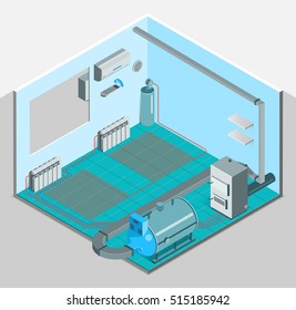 Sistema de refrigeração de aquecimento modelo isométrico interior com condicionador caldeira aquecedor compressor em estilo plano isolado vetorial ilustração