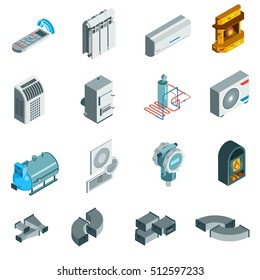 Heating Cooling System Isometric Icons Set Of Different Elements In Flat Style Isolated Vector Illustration 