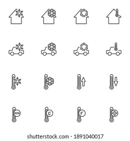 Icons für die Heizungskühlung, Vektorsymbol-Kollektion, Piktogramm-Paket mit linearem Stil. Zeichen Logo-Illustration. Set beinhaltet Symbole - Heimtemperatur-Konditionierung, Autoklimatur