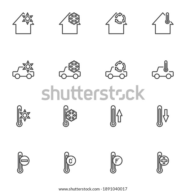 Heating cooling system line icons set, outline\
vector symbol collection, linear style pictogram pack. Signs logo\
illustration. Set includes icons - home temperature conditioning,\
car climate control