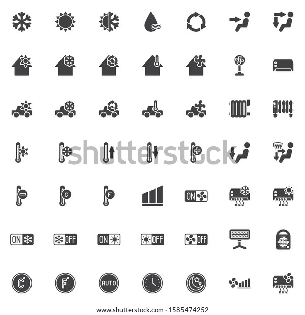 Heating And Cooling System vector icons set,\
modern solid symbol collection, filled style pictogram pack. Signs,\
logo illustration. Set includes icons as Air conditioning function,\
car climate control