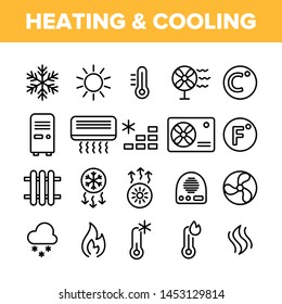 Heating And Cooling System Vector Linear Icons Set. Heating And Cooling Air Conditioning Outline Symbols Pack. Temperature Control Equipment. Radiator, Fan, Thermometer Isolated Contour Illustrations