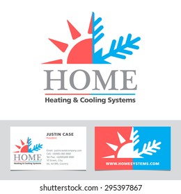 Heating & Cooling systems business icon  & business card vector template. Brand visualization template. Graphic concept for home cooling & heating, climate control system. Sample text. Editable