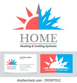 Heating & Cooling systems business icon  & business card vector template. Brand visualization template. Graphic concept for home cooling & heating, climate control system. Sample text. Editable