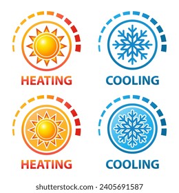 Regulación de la temperatura de calefacción y refrigeración, indicador de calor y frío, sol y nieve, conjunto de iconos de control del climatizador. Refrigerador y calentador. Sensor de congelación cálido. Invierno y verano. Escala de medida del termómetro. Vector