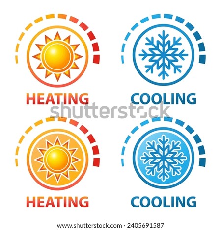 Heating and cooling temperature regulation, hot and cold indicator, sun and snow, climate control icon set. Cooler and heater. Warm, freeze sensor. Winter and summer. Thermometer measure scale. Vector