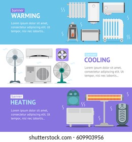 Heating, Cooling and Warming Devices Banner Card Horizontal Set Set for the House And Office. Vector illustration