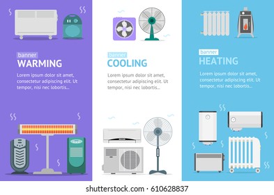 Heating, Cooling and Warming Devices Banner Card Vecrtical Set for House And Office Climate Control Service. Vector illustration