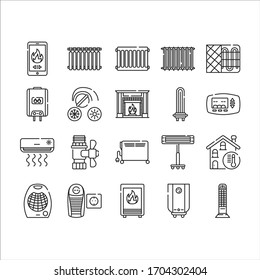 Heating Devices Black Line Icons Set. A Central Heating System Provides Warmth To The Whole Building. Pictogram For Web Page, Mobile App, Promo. UI UX GUI Design Element. Editable Stroke.