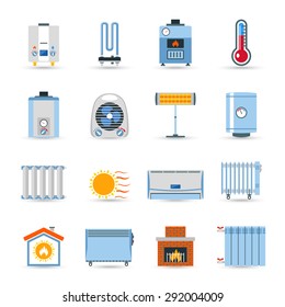 Heating devices boilers radiators and emitter or fireplace flat color icon set isolated vector illustration