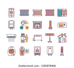 Heating Devices Color Line Icons Set. A Central Heating System Provides Warmth To The Whole Building. Pictogram For Web Page, Mobile App, Promo. UI UX GUI Design Element. Editable Stroke.