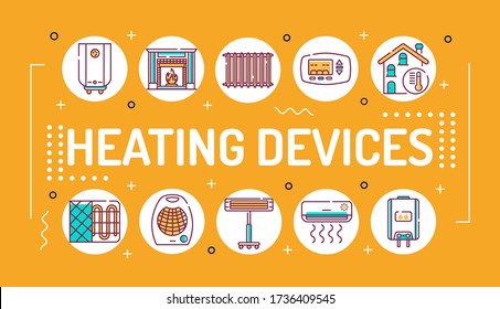 Heating devices word lettering typography. Infographics with linear icons on orange background. Isolated outline color illustration